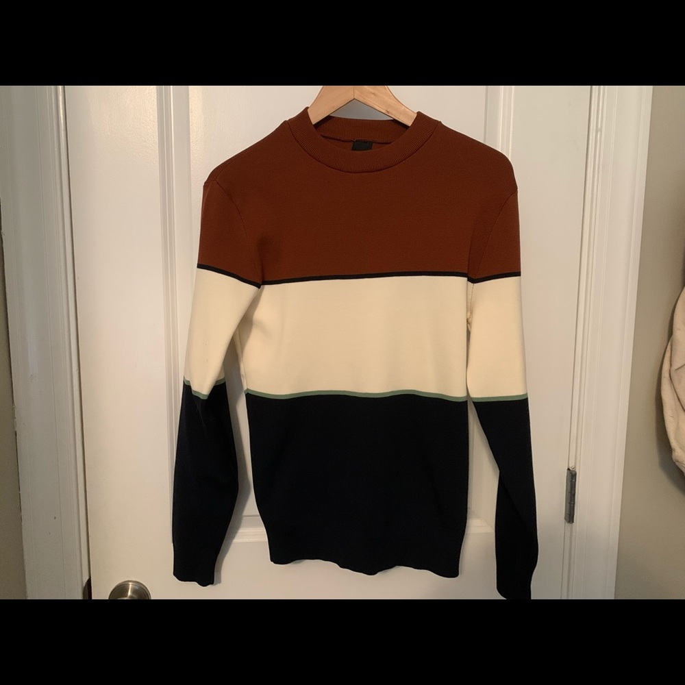 New river island tri-color sweater (camel, off-white, navy) with mock neck